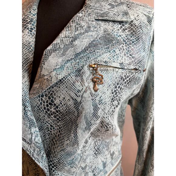 PAMELA MCCOY Turquoise Suede Foil Snake Print Leather Blazer Jacket - Picture 11 of 11